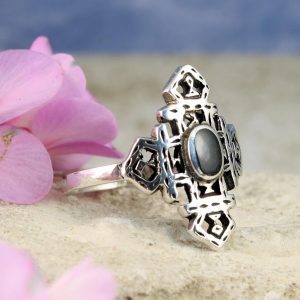 Onyx & Silver Aztec Ring R-0197-b