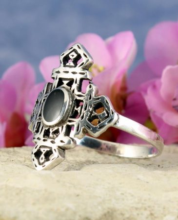 Onyx & Silver Aztec Ring R-0197-i
