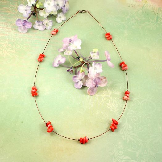 Pink Coral Chips Necklace N-0182-g