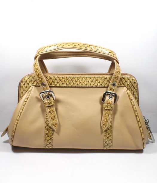 Beige Leather Satchel With Crocodile Trim - Cybelle