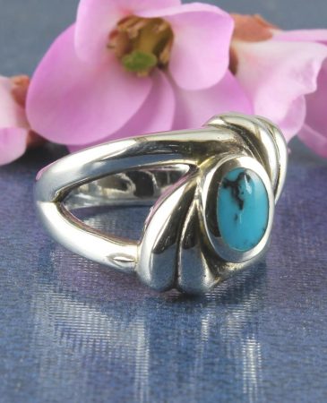 Turquoise Oval Flowing Silver Applique Ring
