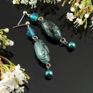Teal Hand-Painted Pearl Earring E-0204-h